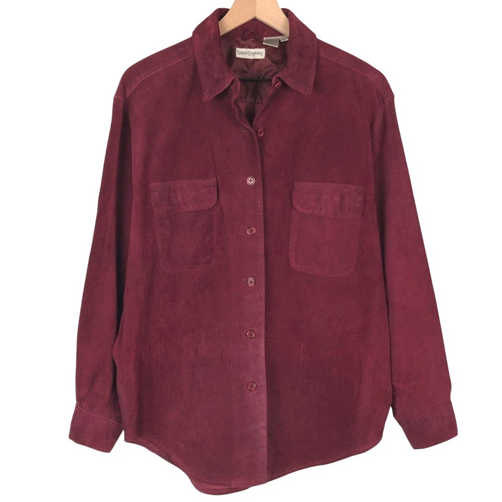 SARAH CHAPMAN Genuine Pig Suede Button Front Shirt Jacket Women's L Burgundy
